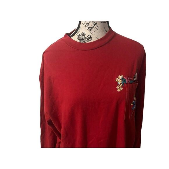 Vtg Mickey & Minnie Embroidered Pocket Love Flowers Long Sleeve Red Womens Large - Picture 12 of 16